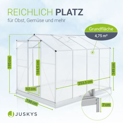 Juskys Aluminium Gewächshaus mit Fundament 4,75 qm 190 × 253 cm 1