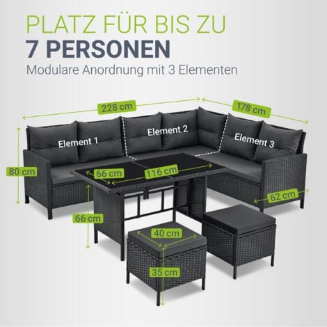 Juskys Polyrattan Lounge Manacor – Gartenlounge mit Sofa, Tisch, 2 Hocker & Kissen – Gartenmöbel Set bis 7 Personen – Schwarz, Sitzbezüge in Grau