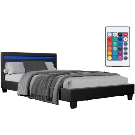 Juskys Polsterbett Paris – Bettgestell mit LED-Beleuchtung, Lattenrost & Kopfteil – Bett aus Holz & Kunstleder – Jugendbett 120 x 200 cm in Schwarz