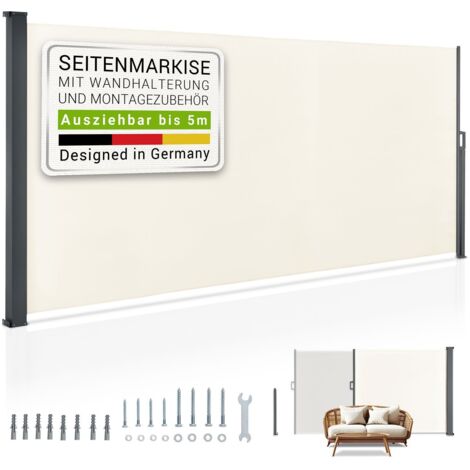 Juskys Seitenmarkise Dubai ausziehbar blickdicht – Sichtschutz für Balkon & Terrasse, Seitenrollo Wandhalterung, 500 x 160 cm – beige