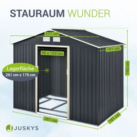 Juskys Metall Gerätehaus - Geräteschuppen Gartenhaus Garten Schuppen mit Fundament, Schiebetür & Satteldach - XL Anthrazit - 9m³ - 277 × 191 × 192 cm