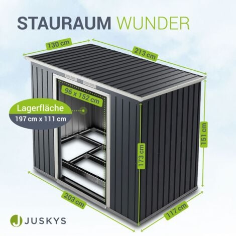 Juskys Metall Gerätehaus - Geräteschuppen Gartenhaus Garten Schuppen mit Fundament, Schiebetür & Pultdach - M Anthrazit - 4m³ - 213 × 130 × 173 cm