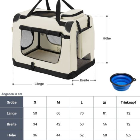 Juskys Hundetransportbox Lassie XL (beige) faltbar - 56 x 81 x 58 cm - Hundebox mit Decke, Tasche & Griffen – Stoff Autotransportbox für Hunde
