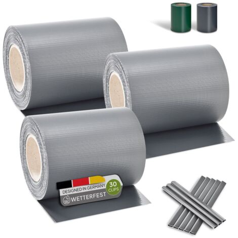 Juskys PVC Sichtschutzstreifen Doppelstabmatten Zaun 3er Set - 3 Rollen á 35m x 19cm - Befestigungsclips - Zaunfolie Sichtschutz Windschutz – hellgrau