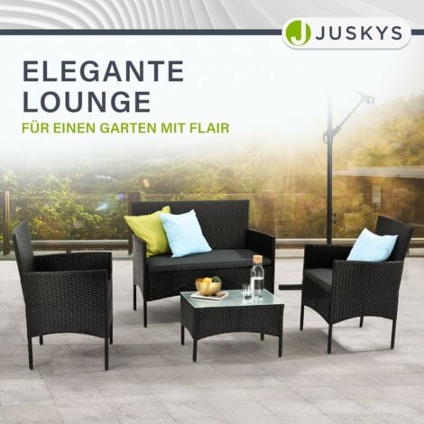 Juskys Polyrattan Gartenmöbel-Set Fort Myers – Balkonmöbel-Set mit Tisch, Sofa & 2 Stühlen – Sitzgruppe 4 Personen Schwarz mit Auflagen Grau