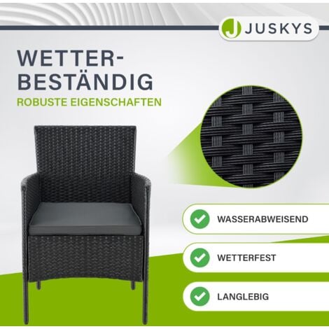 Juskys Polyrattan Gartenmöbel-Set Fort Myers – Balkonmöbel-Set mit Tisch, Sofa & 2 Stühlen – Sitzgruppe 4 Personen Schwarz mit Auflagen Grau