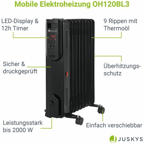 Juskys Elektroheizung Ölradiator 2000 Watt - Heizung elektrisch mit 3  Stufen, Thermostat, 12 h-Timer & Überhitzungsschutz 