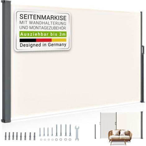 Juskys Seitenmarkise Dubai ausziehbar blickdicht – Sichtschutz für Balkon & Terrasse, Seitenrollo Wandhalterung, 300 x 200 cm – beige