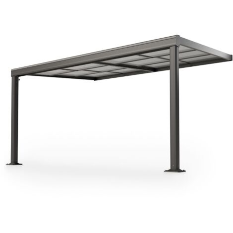 Juskys Terrassenüberdachung 4x3 m mit Schiebedach - Terrassendach aus Aluminium mit Doppelstegplatten - wetterfeste Überdachung mit UV-Schutz - Grau
