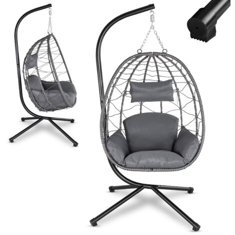 Juskys Hängesessel Aria mit Kissen - höhenverstellbar & faltbar - Polyrattan Hängeschaukel Outdoor & Indoor - Korbhängesessel bis 130kg Dunkelgrau