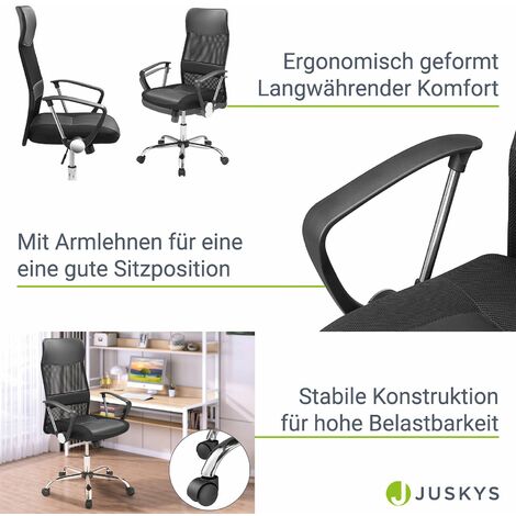 Juskys Bürostuhl ergonomisch Schreibtischstuhl Drehstuhl - höhenverstellbar  mit Mesh Bespannung hohe Rückenlehne - Gaming Stuhl mit Armlehne - Schwarz