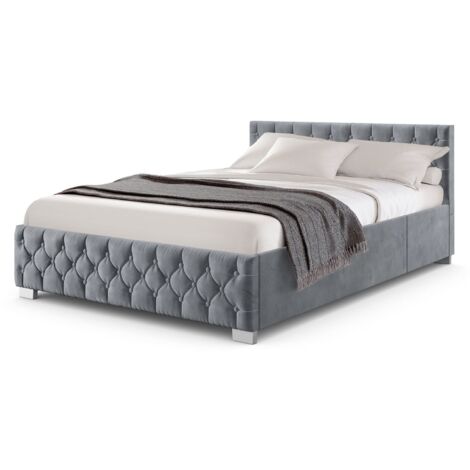 Juskys Polsterbett Nizza - Bettgestell mit Lattenrost, Stauraum & LED Beleuchtung - Bett mit Samtbezug & Chesterfield-Steppung - 180x200 cm Grau