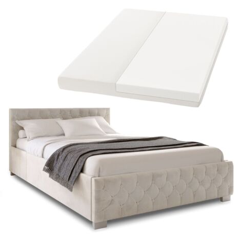 Juskys Polsterbett Nizza 180x200 cm mit Matratze - Bettgestell mit Lattenrost, Stauraum & LED Beleuchtung – Samtbezug, Chesterfield-Steppung - Beige