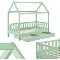 Juskys Kinderbett Marli 90 x 200 cm mit Bettkasten 2-teilig, Rausfallschutz, Lattenrost & Dach - Massivholz Hausbett für Kinder - Bett in Mint