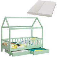 Juskys Kinderbett Marli 90 x 200 cm mit Matratze, Bettkasten, Rausfallschutz, Lattenrost & Dach - Massivholz Hausbett für Kinder - Bett in Mint