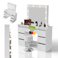 Juskys Schminktisch Talea und Hocker Tonia mit LED-Spiegel, 7 Schubladen, Licht dimmbar, modern & kompakt, viel Stauraum – Weiß