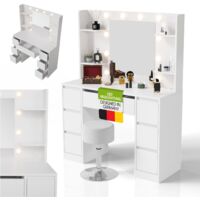 Juskys Schminktisch Malia und Hocker Tonia mit LED-Spiegel, 7 Schubladen, Licht stufenlos dimmbar, modern & kompakt, viel Stauraum für Make-up & Zubehör – Weiß