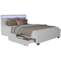 Juskys LED Polsterbett Lyon mit Bettkasten – Bettgestell aus Holz & Kunstleder mit Lattenrost – Einzelbett Jugendzimmer Möbel – 140 x 200 cm - weiß