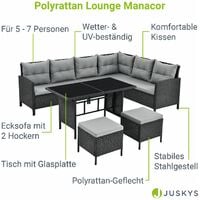Juskys Polyrattan Lounge Manacor – Gartenlounge mit Sofa, Tisch, 2 Hocker & Kissen – Gartenmöbel Set bis 7 Personen – Schwarz, Sitzbezüge in Grau