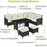 Juskys Polyrattan Lounge Manacor – Gartenlounge mit Sofa, Tisch, 2 Hocker & Kissen – Gartenmöbel Set bis 7 Personen – Schwarz, Sitzbezüge in Creme