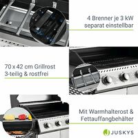 Juskys Gasgrill Kansas mit 4 Brenner 12 kW, BBQ Grill mit Gusseisen-Grillrost, Warmhalterost & Thermometer, XL Grillwagen 2 Seitenablagen & 4 Räder