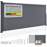 Juskys Seitenmarkise Dubai ausziehbar blickdicht – Sichtschutz für Balkon & Terrasse, Seitenrollo Wandhalterung, 500 x 160 cm – anthrazit