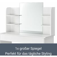 Juskys Schminktisch Bella – Kosmetiktisch 108 x 40 x 140 cm in Weiß – Frisiertisch aus Holz mit großem Spiegel, großer Schublade & 4 Ablagefächer
