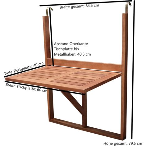 Balkonhängetisch 60x40cm, Akazienholz geölt