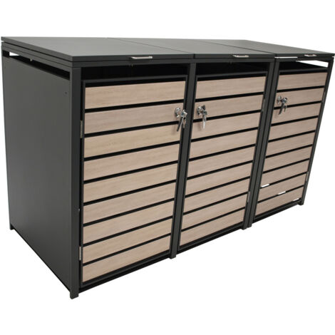 Mülltonnenbox 200x80x116cm für 3x Tonnen 120 und 240 Liter, Stahl anthrazit mit Türen Holzoptik (1/5)