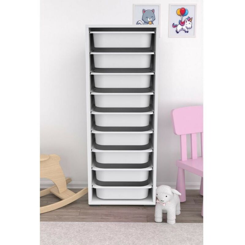 Armoire De Rangement Blanche Avec 9 Paniers - 45.5x119 Cm - Idéale Pour Salon, Chambre, Bureau - Zola