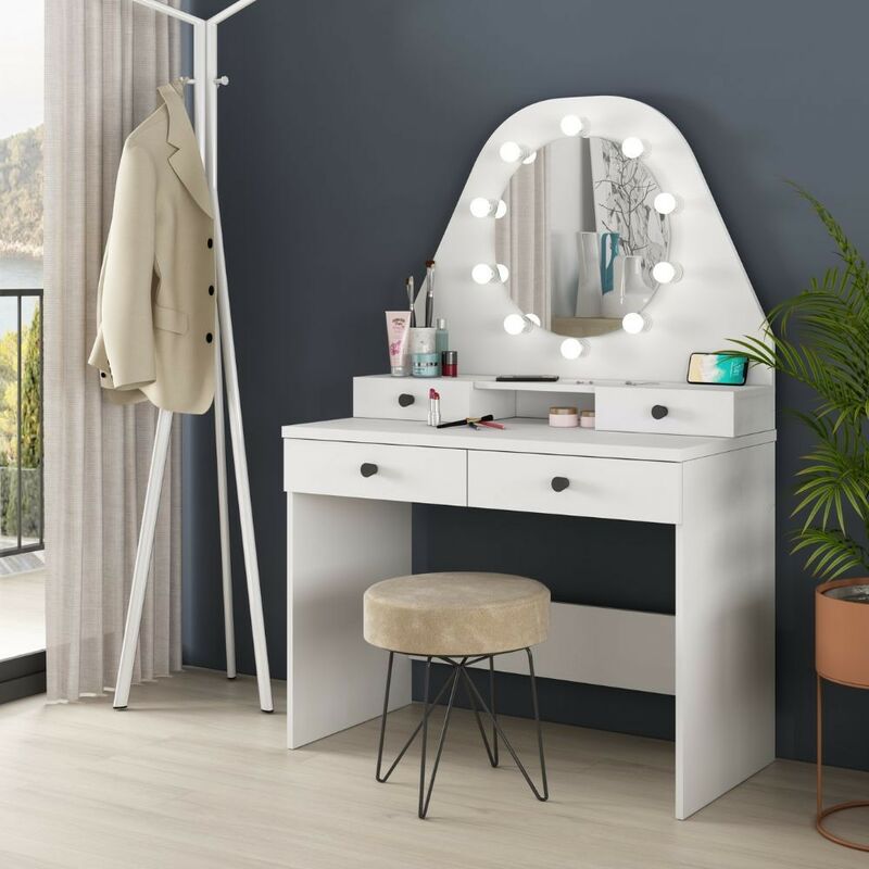 Coiffeuse ZELIA miroir LED avec 1 tiroir, étagères, caisson de rangement et  tabouret