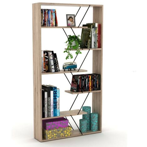 Bibliothèque en bois 84x157h cm avec cadre métallique et étagères coloris chêne - Tars (1/2)