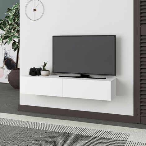 Meuble TV suspendu en bois 135cm avec portes abattantes coloris blanc - Francy (1/5)
