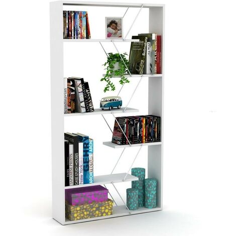Bibliothèque en bois 84x157h cm avec cadre métallique et étagères couleur blanc - Tars (1/4)