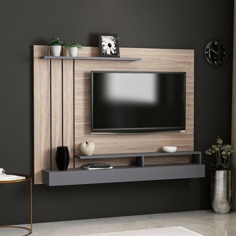 Toscohome – Meuble TV mural 157 cm couleur noyer et anthracite – Compartiments ouverts et portes coulissantes – Panneau de particules 18 mm (1/5)