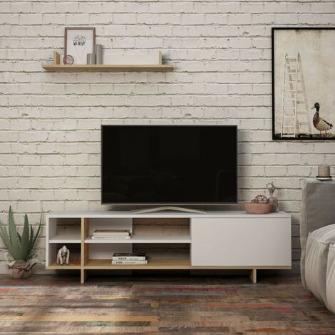Toscohome – Meuble TV en bois 160 cm avec étagères et porte à rabat – Couleur blanche avec détails chêne – Panneau de particules 18 mm (1/4)