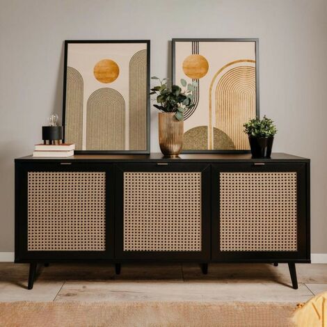 Toscohome – Buffet noir 150 cm à 3 portes – Façades effet osier – Aggloméré mélaminé – Rangement élégant pour intérieur moderne - Vienna51A (1/5)