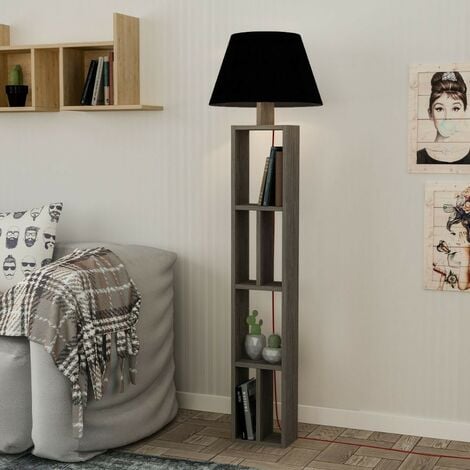 Lampadaire en bois avec bibliothèque et abat-jour noir - Day