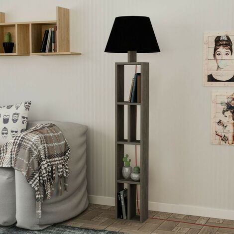 Lampadaire en bois avec bibliothèque et abat-jour noir - Day