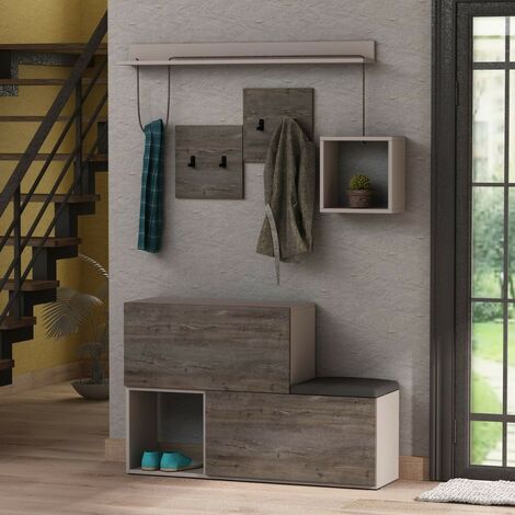 Meuble d'entrée avec porte chaussures 120 cm gris tourterelle et café foncé - Holdon (1/5)