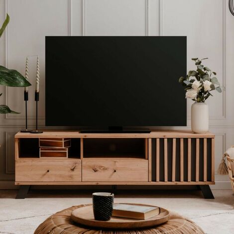 Meuble TV 138x44h avec 2 tiroirs et porte avec compartiments ouverts coloris chêne et anthracite - Medan56A (1/5)
