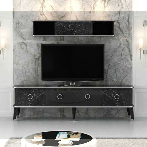Meuble TV 180 cm avec élément mural effet marbre noir et détails argentés - Bientv 180 (1/5)