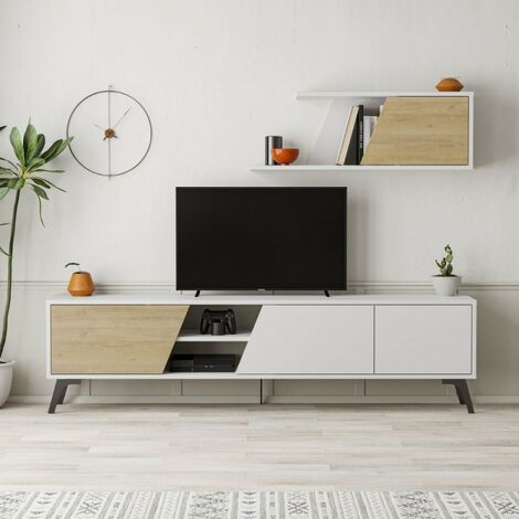 Meuble TV 180cm avec étagère murale en blanc et chêne - Fiona (1/5)
