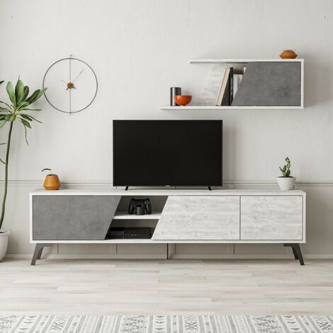 Meuble TV 180cm avec étagère murale en blanc vintage et béton - Fiona (1/5)
