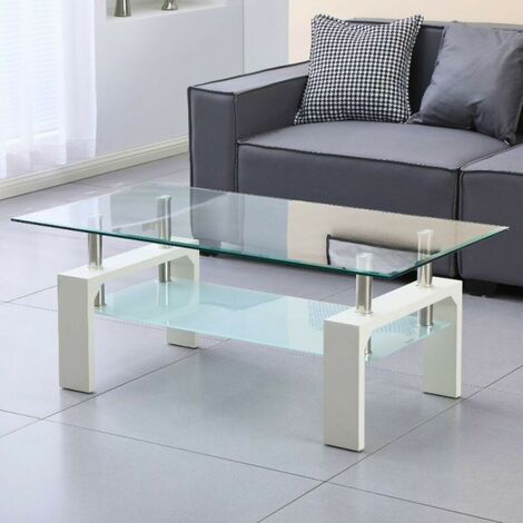 Toscohome – Table basse fixe 110x60 cm blanche – Double plateau en verre trempé 8 mm – Structure MDF – Hauteur 44 cm pour salon moderne (1/5)