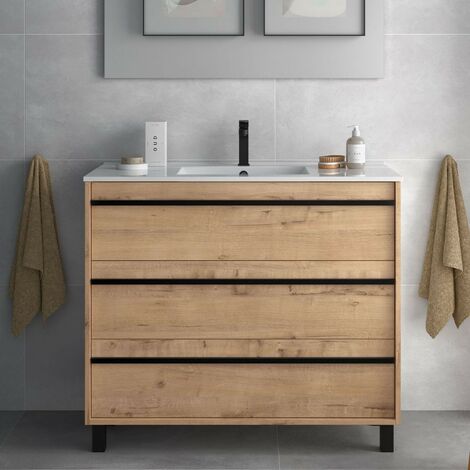 Meuble de salle de bain suspendue 100 cm couleur chêne huppé avec vasque en porcelaine - Lyssa (1/3)