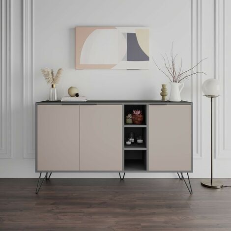 Buffet 3 portes et étagères 142x83h cm anthracite et gris tourterelle - Clara (1/4)