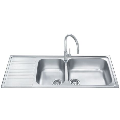Smeg – Évier semi-encastré 2 cuves inox 116x50 avec égouttoir à gauche – Évier soudé pour cuisine moderne – LGM116S (1/2)