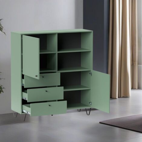 Toscohome – Buffet vert 123,6x40x135 cm – 3 tiroirs avec glissières télescopiques – 2 portes – 5 étagères – Compartiment ouvert pour rangement décoratif - 6x135H (1/5)