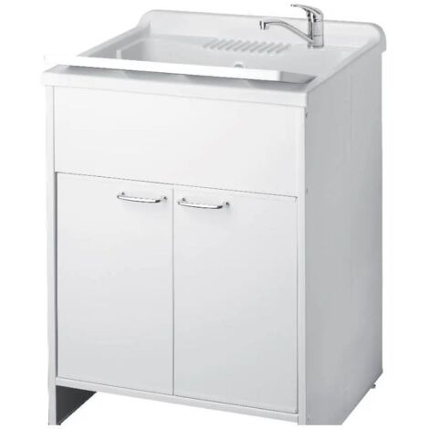 Toscohome – Lavabo en PVC blanc 60x50x85 cm – Cuve autonettoyante en polypropylène – Design moderne avec poignées chromées – Meuble bas de salle de bain - 60x50x85H (1/4)